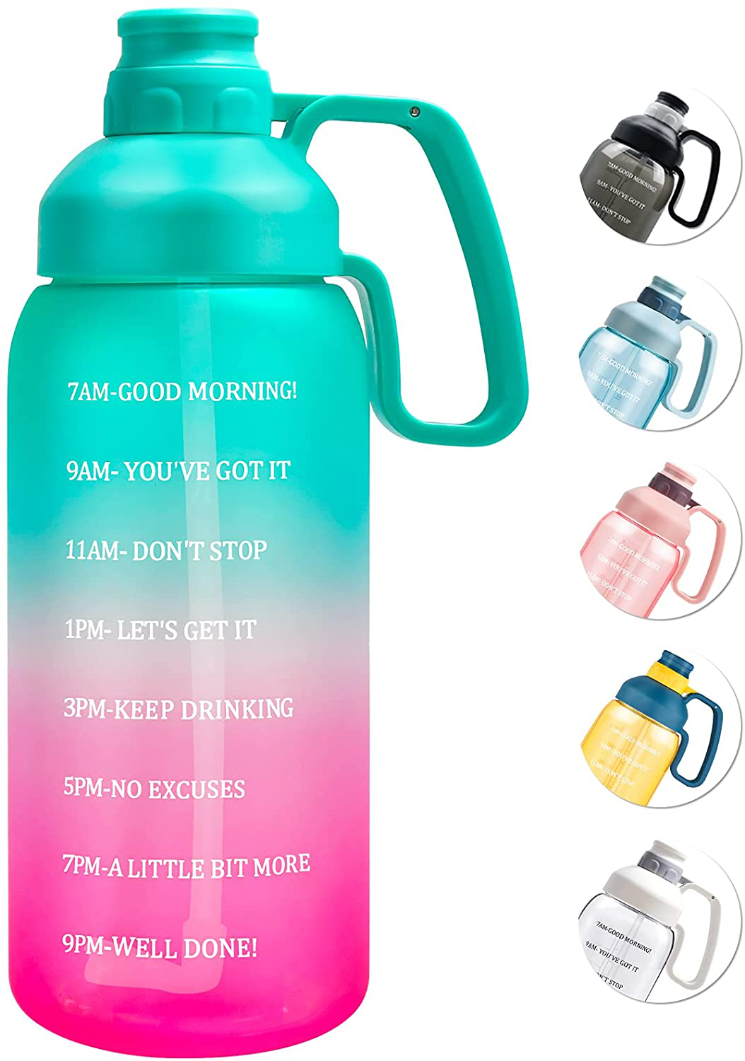 64 OZ Water Bottle with Straw and Time Half Gallon Water Bottle with Time Marker Water Bottles Large Water Bottle with Handle Water Jug for Sports Water Bottle Motivational 2L Water Bottle Wide Mouth