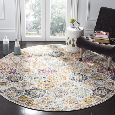 Safavieh Madison Collection MAD611B Boho Chic Floral Medallion Trellis Distressed Non-Shedding Dining Room Entryway Foyer Living Room Bedroom Area Rug, 5'3" x 5'3" Round, Cream / Multi