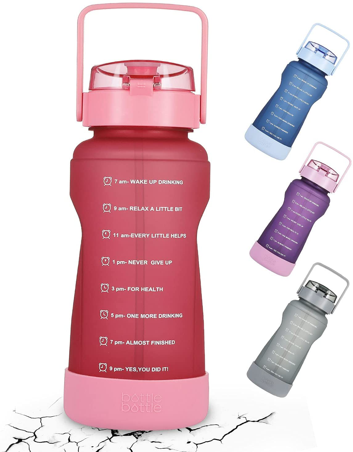 BOTTLE BOTTLE Half Gallon Water Bottle with Time Marker and Straw Workout Leak-proof Water Bottle for Adults and Kids 64oz Water Chug Jug with Protective Silicone Boot (Purple)