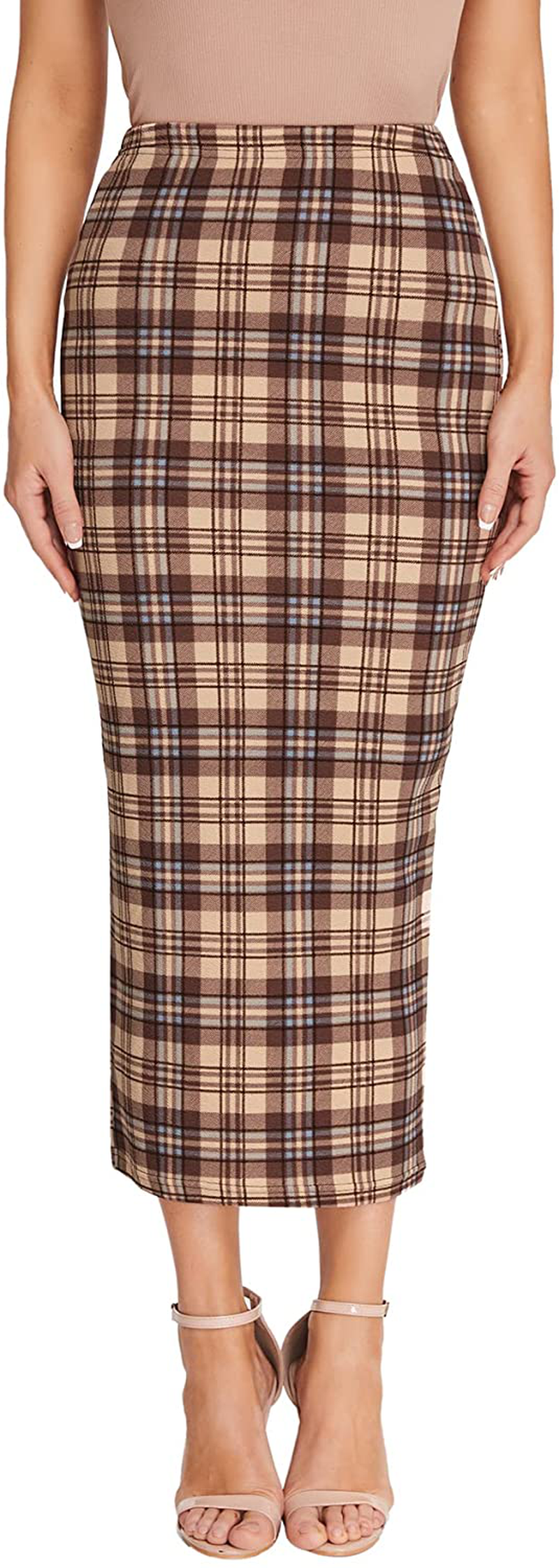 Verdusa Women's Elegant Plaid Elastic Waist Bodycon Midi Skirt