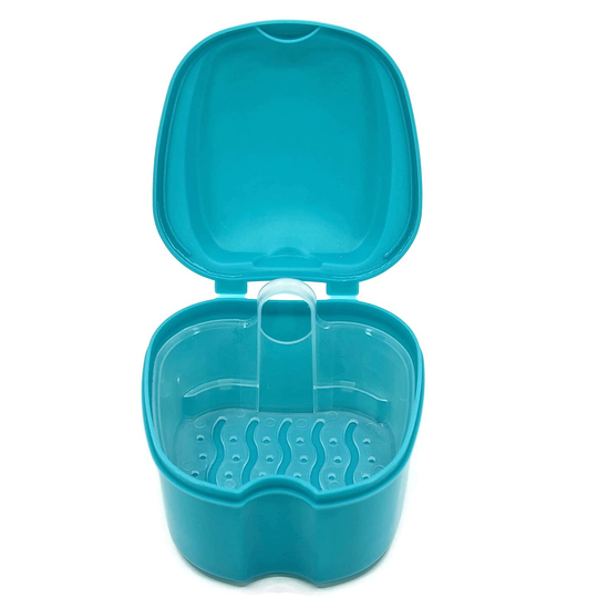 Genco Dental Denture Case, Denture Box with Strainer, Night Cleaner Denture Bath Box for Retainer, Mouthguard, False Teeth, and Denture Cleaning (Teal)