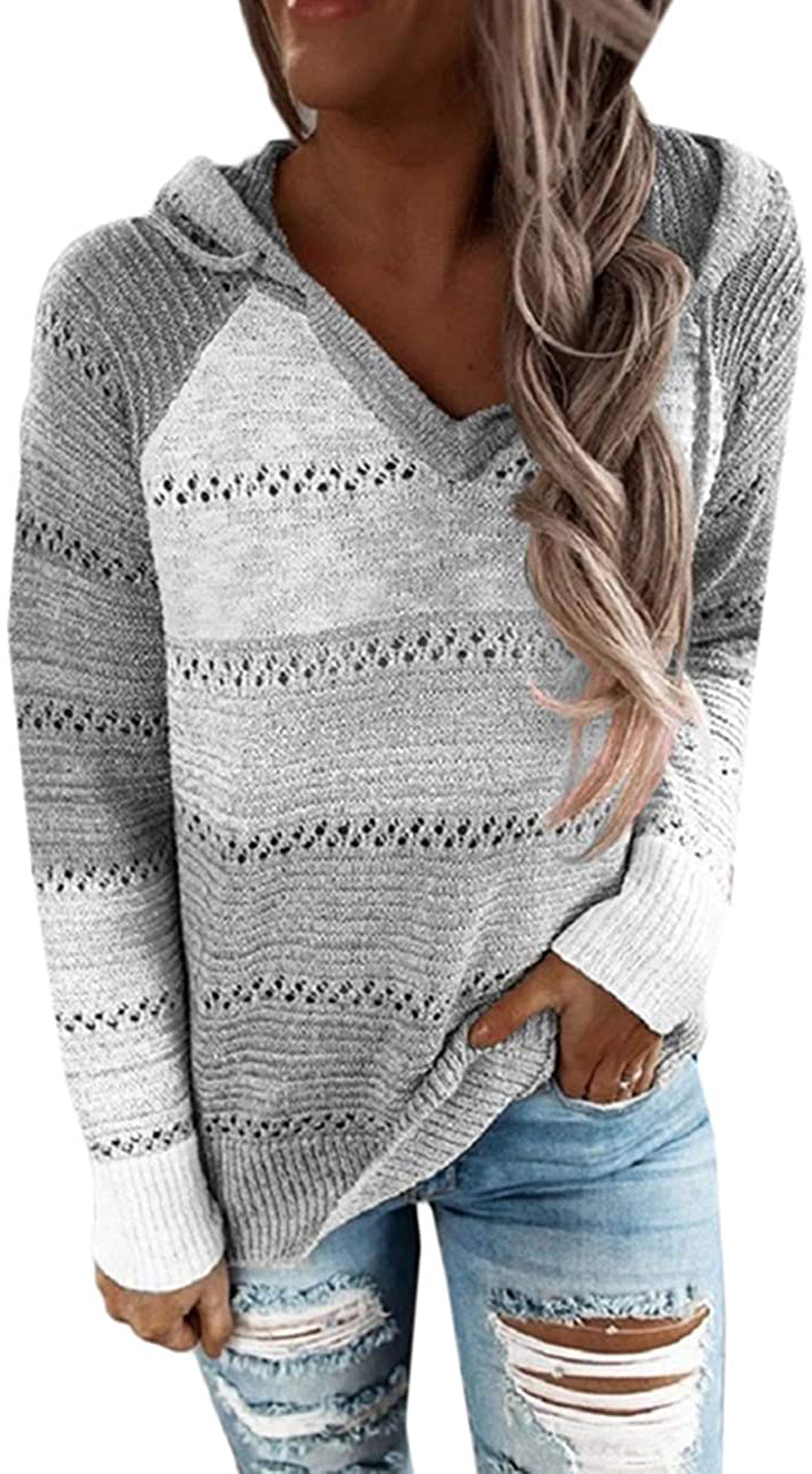 MAYFASEY Women's Color Block Striped Hoodies Sweater Long Sleeve Casual Loose Knitted Pullover Sweatshirt Tops