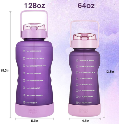 BOTTLE BOTTLE Half Gallon Water Bottle with Time Marker and Straw Workout Leak-proof Water Bottle for Adults and Kids 64oz Water Chug Jug with Protective Silicone Boot (Purple)