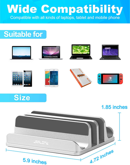 JARLINK Adjustable Vertical Laptop Stand, Desktop Stand Adjustable Laptop Holder with 2 Slots (up to 17.3 inches), Compatible with All MacBook Pro/Air/Microsoft Surface, Newly Designed, (Silver)