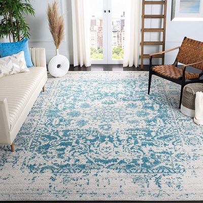 Safavieh Madison Collection MAD603J Oriental Snowflake Medallion Distressed Non-Shedding Stain Resistant Living Room Bedroom Area Rug, 4' x 4' Square, Teal / Ivory