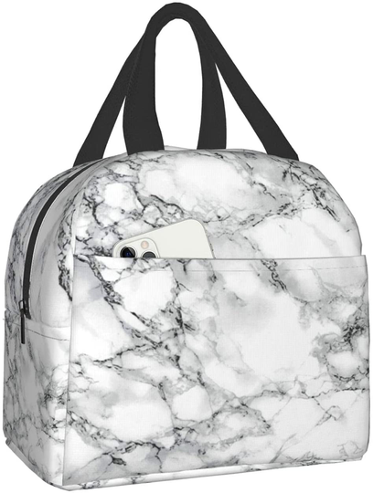 Easy Insulated Lunch Bags for Women Men, Cute Reusable Lunch Boxes Small Suitable Girls Boys Teens Work Picnic Travel, White Marble