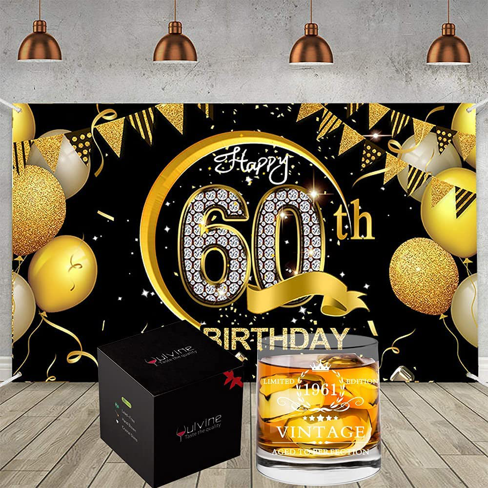 Happy 60th Birthday Gift for Men Funny Gag 60 Years Old Gifts for Him 60th Bday Year Gift Ideas for Man Party Decorations Supplies Turning 60 for Dad Husband Vintage 1961 Whiskey Glass 9.5oz