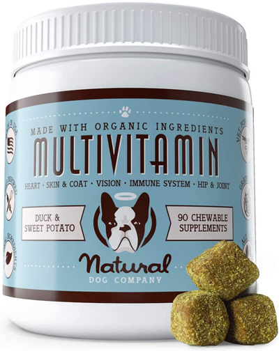 Natural Dog Company Multivitamin Supplement with Turmeric and Fish Oil, 35 Essential Vitamins & Nutrients, Immune System, Skin & Coat, and Hip & Joint Support, Duck & Sweet Potato Flavor, 90 Chews