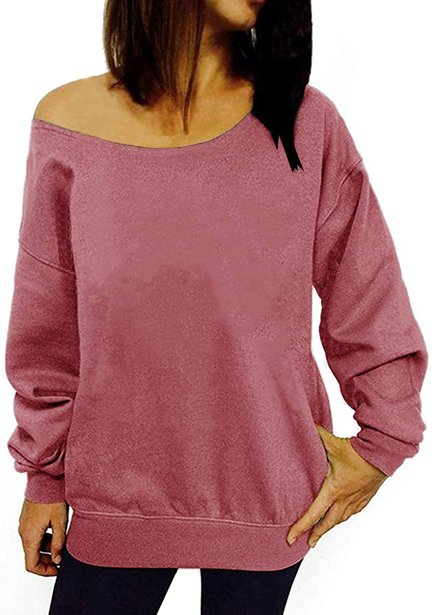 GSVIBK Womens Long Sleeve Off Shoulder Sweatshirt Soft Pullover Tops Slouchy Sweatshirts Casual Solid Shirts