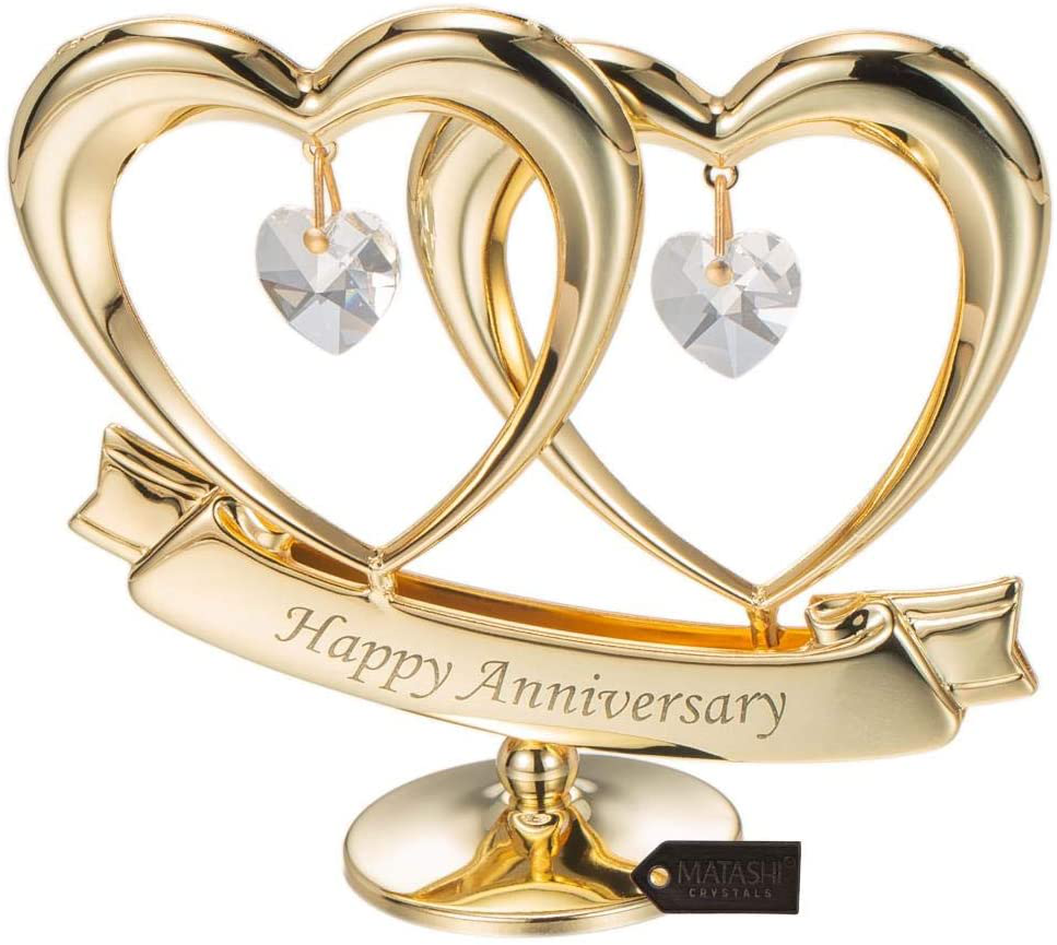 Matashi 24K Gold Plated Happy Anniversary Double Heart Figurine Ornament with Genuine Crystals (Clear Crystal) - Wedding Gift for Couples, for Husband Wife Mother Father, Cake Topper, Romantic Gifts