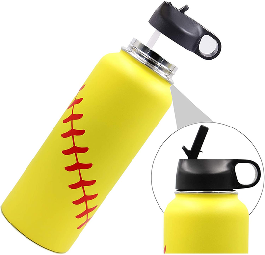 40 oz Softball Baseball Water Bottle, Flask Sports with 2 Lids 18/8 Stainless Steel Tumbler Double Wall Vacuum Insulated Hot/Cold (40oz, Yellow Softball)