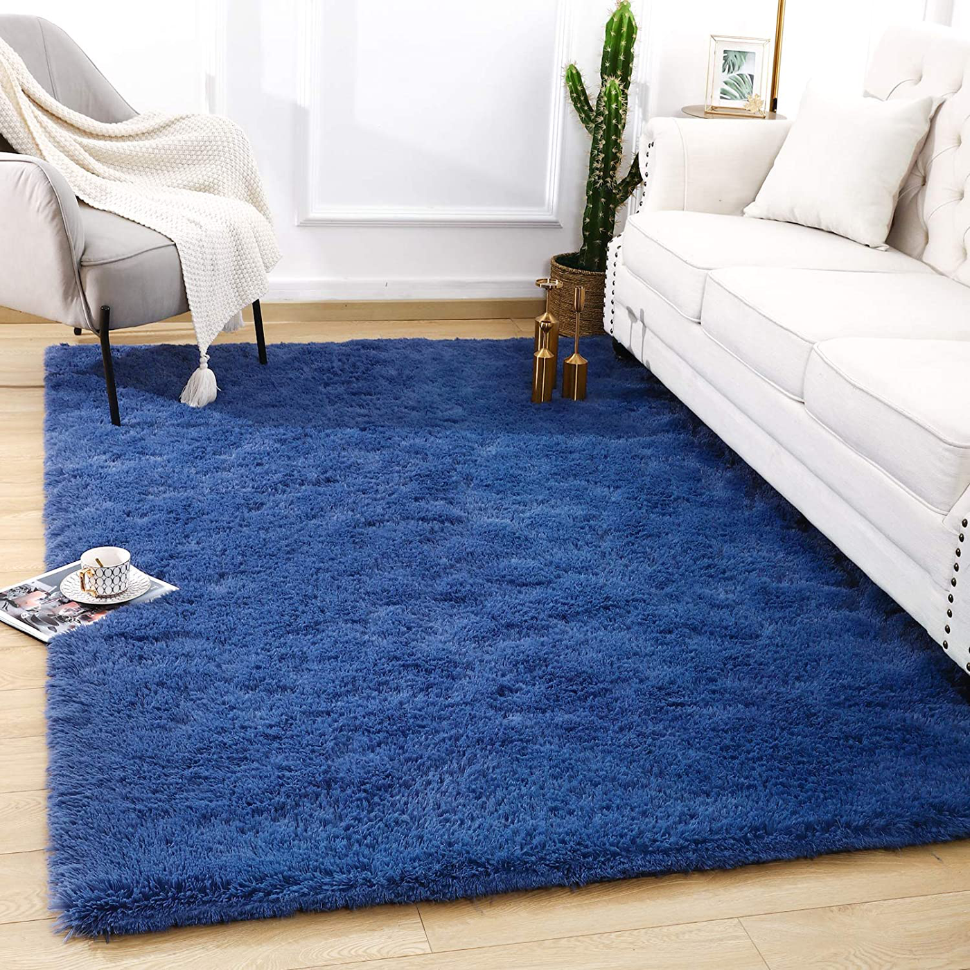 Quenlife Soft Bedroom Rug, Plush Shaggy Carpet Rug for Living Room, Fluffy Area Rug for Kids Grils Room Nursery Home Decor Fuzzy Rugs with Anti-Slip Bottom, 5 x 8ft, Light Navy