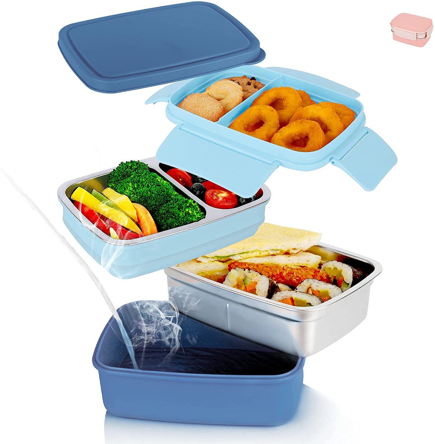 Stainless Steel Bento Box, Genteen Japanese Lunch Box for Kids, Double Layer Lunch Box Stackable Large Capacity with Divided Compartments for School Picnic, Blue