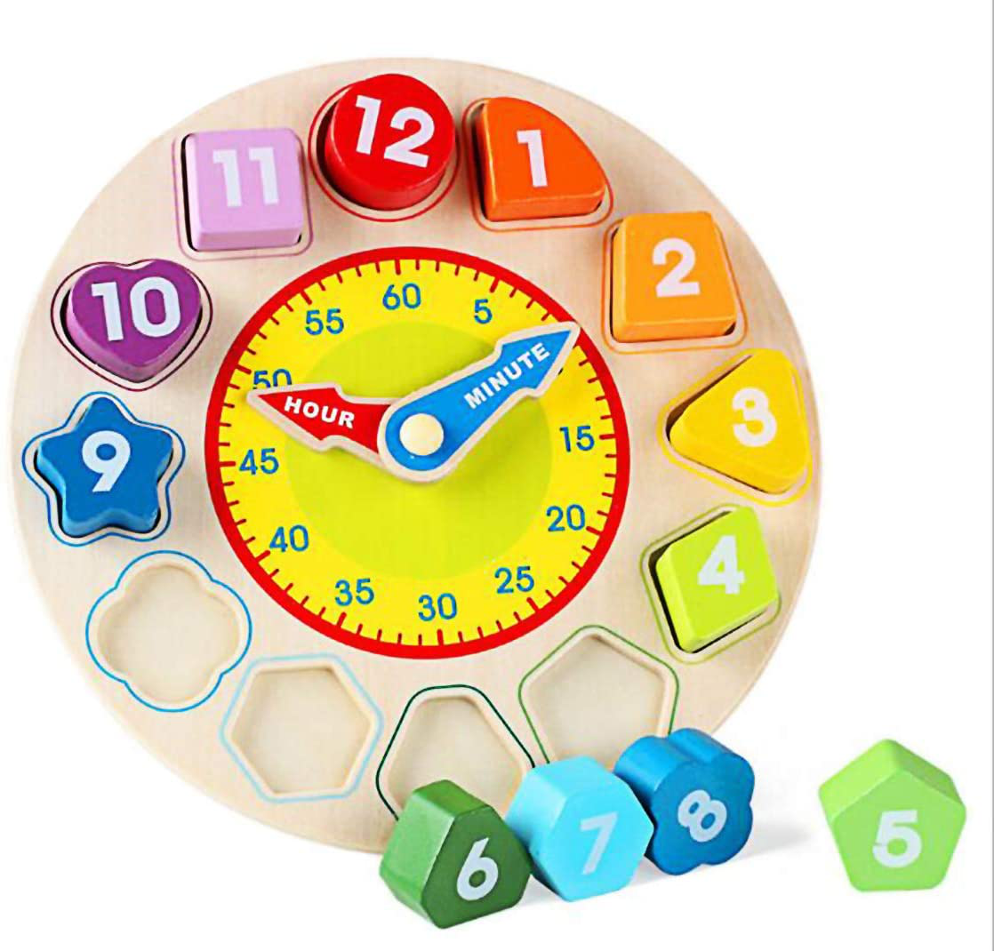 N2 Time Clock Toy for Kids Wooden Time Learning Shape Sorting Color Game Montessori Early Education Math Set Kid Jigsaw Play Tool Preschool Toddler Puzzle Toy Gift for Boys Girls Birthday Age 3 4 5 6