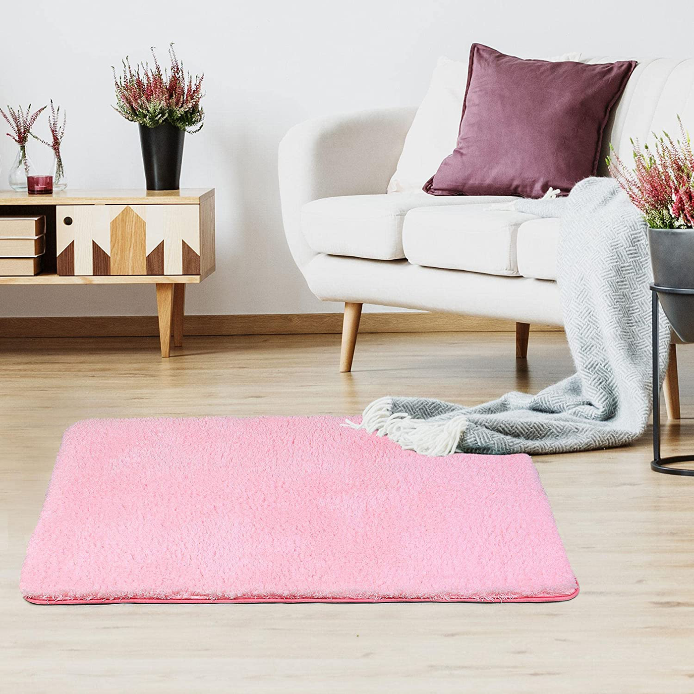 uxcell Soft Plush Bathroom Rug Bath Mat, Thick and Shaggy Area Rug Ultra Absorbent Non-Slip Bath Rug for Living, Bedroom, Machine Washable Pink 16" x 24"