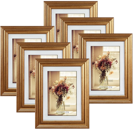 MEBRUDY 4x6 Picture Frames Set of 6, Display Pictures 4x6 with Mat or 5x7 Without Mat, Gold Photo Frames for Wall Mount or Table Top