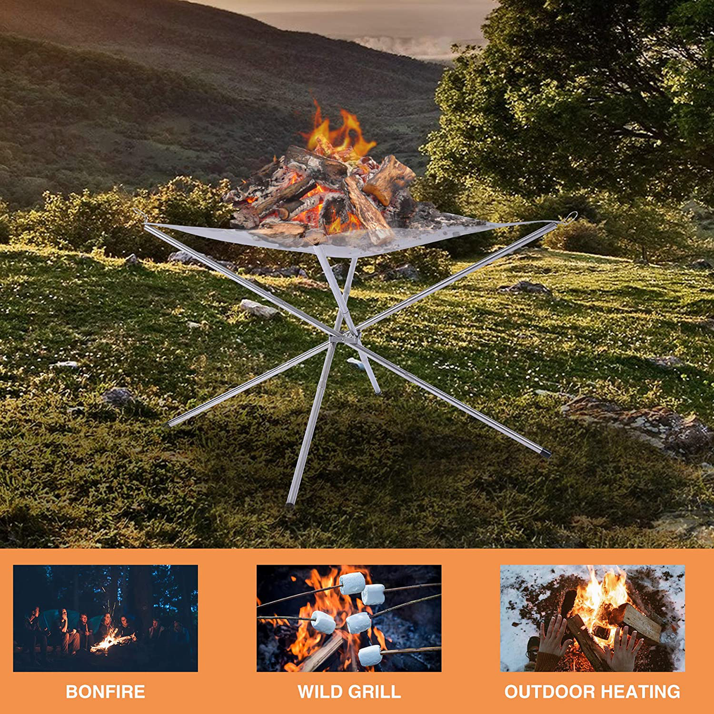 CAMPMAX Portable Fire Pit for Camping, 28 Inch Stainless Steel Pop up Mesh Fire Pit Foldable Mesh Fireplace with Carrying Bag