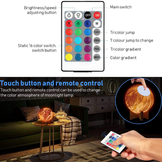 Kids Rechargeable 16 Color 3D LED Moon Lamp With Wood Stand 