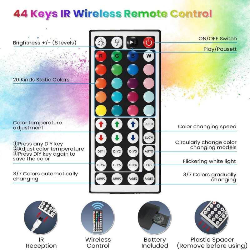 LED Strip Lights Color Changing RGB with 44 Keys IR Remote Control, 20 Colors and DIY Mode LED Light Strip