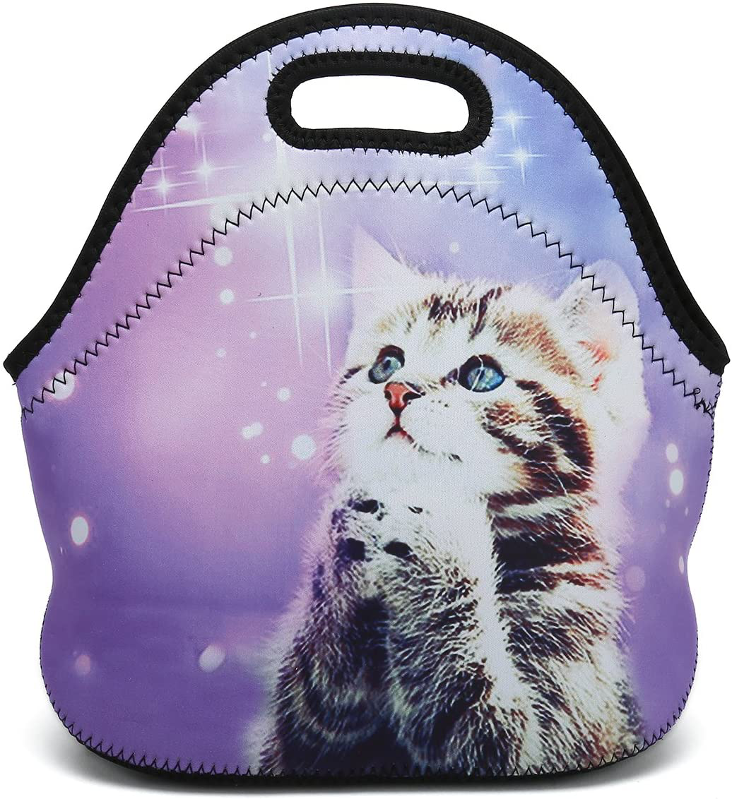 Boys Girls Kids Women Adults Insulated School Travel Outdoor Thermal Waterproof Carrying Lunch Tote Bag Cooler Box Neoprene Lunchbox Container Case (Wish Cat)