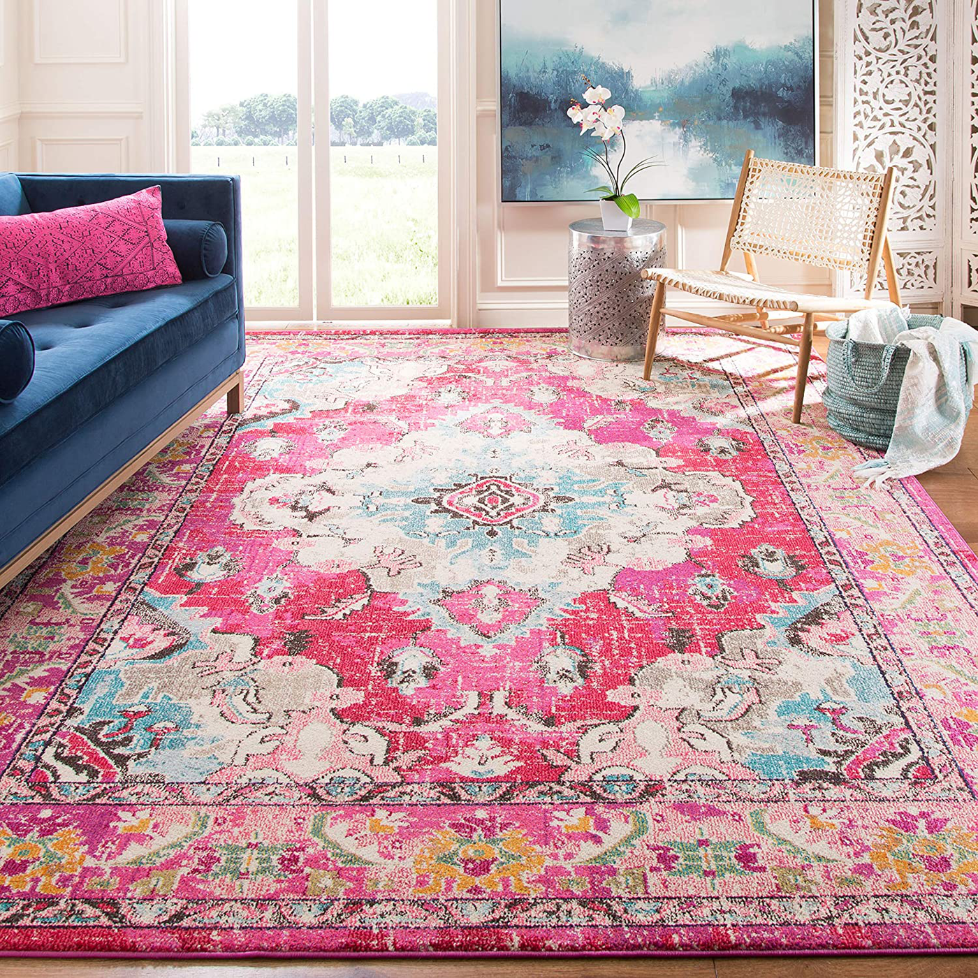 Safavieh Monaco Collection MNC243D Boho Chic Medallion Distressed Non-Shedding Stain Resistant Living Room Bedroom Area Rug 4' x 4' Square Pink/Multi