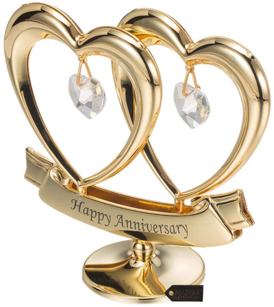 Matashi 24K Gold Plated Happy Anniversary Double Heart Figurine Ornament with Genuine Crystals (Clear Crystal) - Wedding Gift for Couples, for Husband Wife Mother Father, Cake Topper, Romantic Gifts