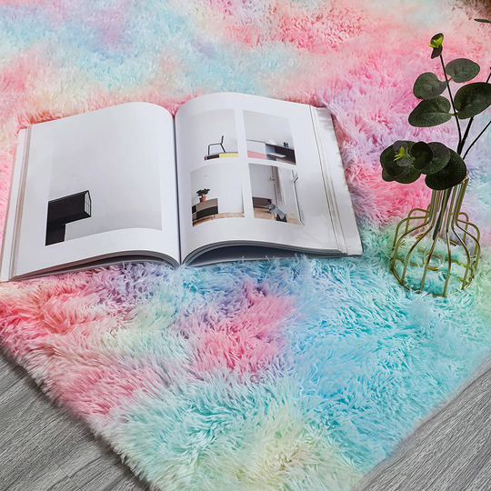GKLUCKIN Shag Ultra Soft Area Rug, Non-Skid Fluffy 5'x8' Tie-Dyed Light Grey Fuzzy Indoor Faux Fur Rugs for Living Room Bedroom Nursery Decor Furry Carpet Kids Playroom