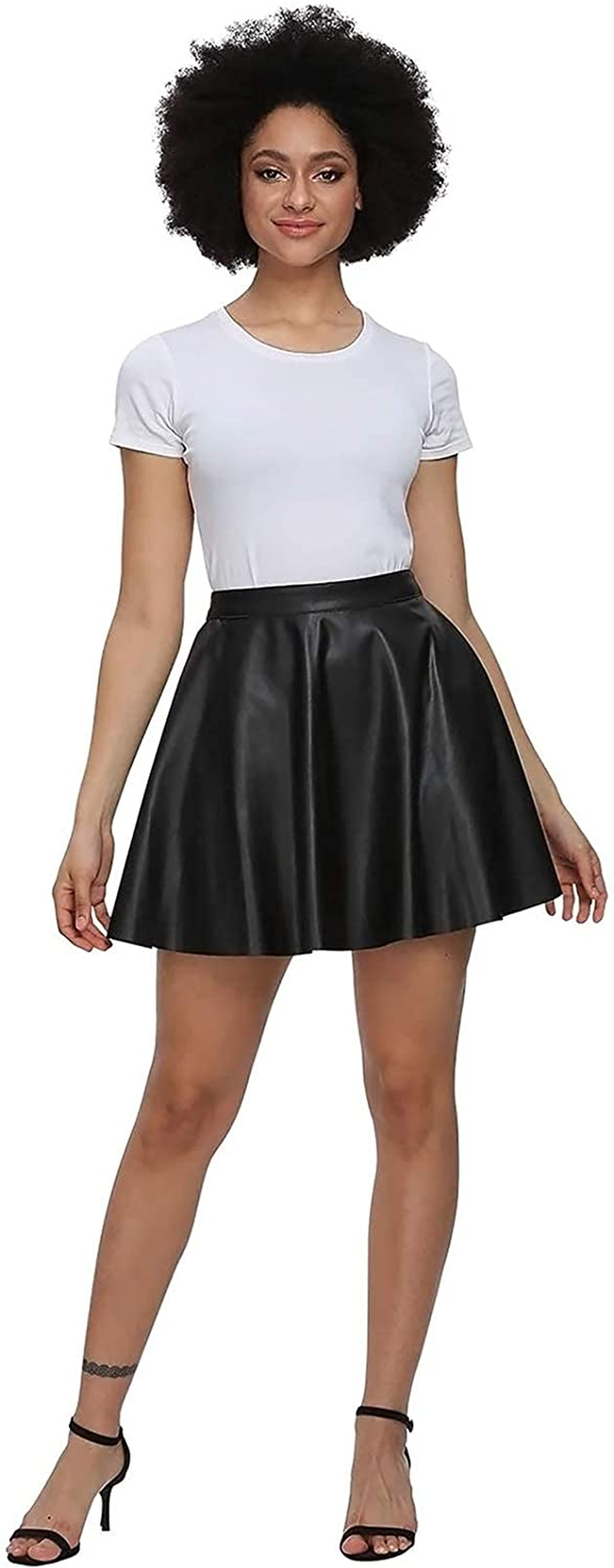 Fahsyee Plus Size Leather Skirt, Women's Black Pleated Skater Mini A-line Vegan Faux High Waist Casual Stretchy S-XXL