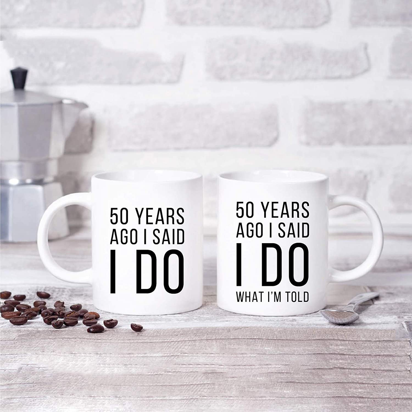 Andaz Press Funny 50th Wedding Anniversary 11oz. Couples Coffee Mug Gag Gift, 50 Years Ago I Said I Do, I Said I Do What I'm Told, 2-Pack with Gift Box for Husband Wife Parents