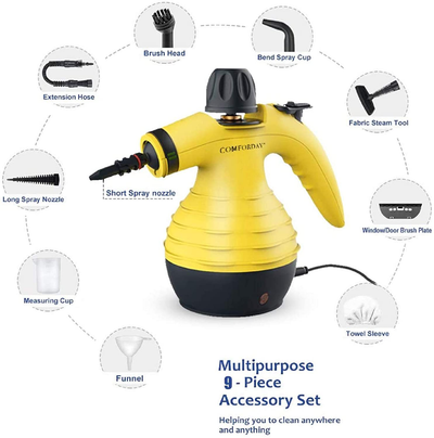 Comforday Multi-Purpose Handheld Pressurized Steam Cleaner with 9-Piece Accessories, Perfect for Stain Removal, Curtains, Car Seats, Floor, Window Cleaning (Yellow)