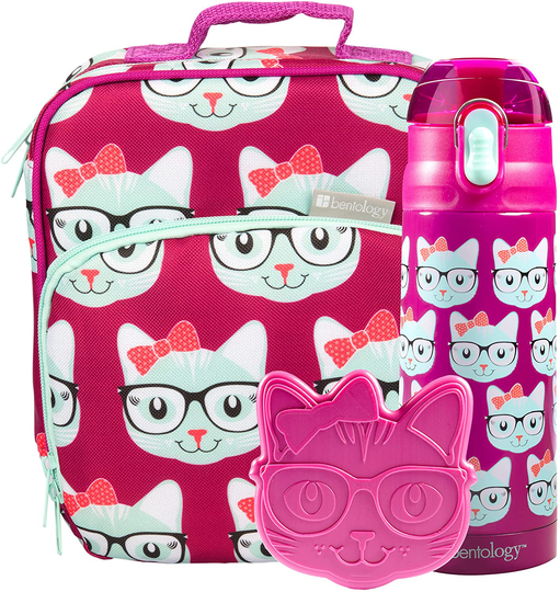 Bentology Lunch Box Set for Kids - Girls Insulated Lunchbox Tote, Water Bottle, and Ice Pack - 3 Pieces - Kitty