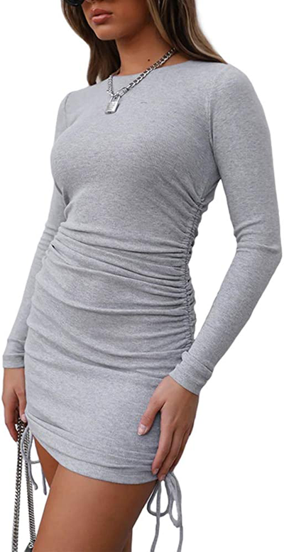 MiiVoo Women's Sexy Club Ruched Long Sleeve Drawstring Mini Bodycon Dress