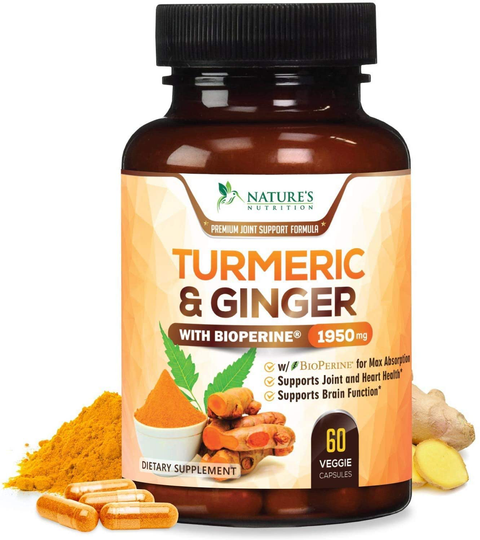 Turmeric Curcumin with BioPerine & Ginger 95% Curcuminoids 1950mg - Black Pepper for Absorption, Made in USA, Natural Immune Support, Turmeric Ginger Supplement by Natures Nutrition - 60 Capsules