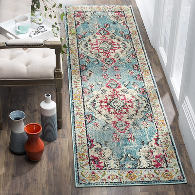 Safavieh Monaco Collection MNC243J Boho Chic Medallion Distressed Non-Shedding Stain Resistant Living Room Bedroom Runner, 2'2" x 10' , Light Blue / Fuchsia