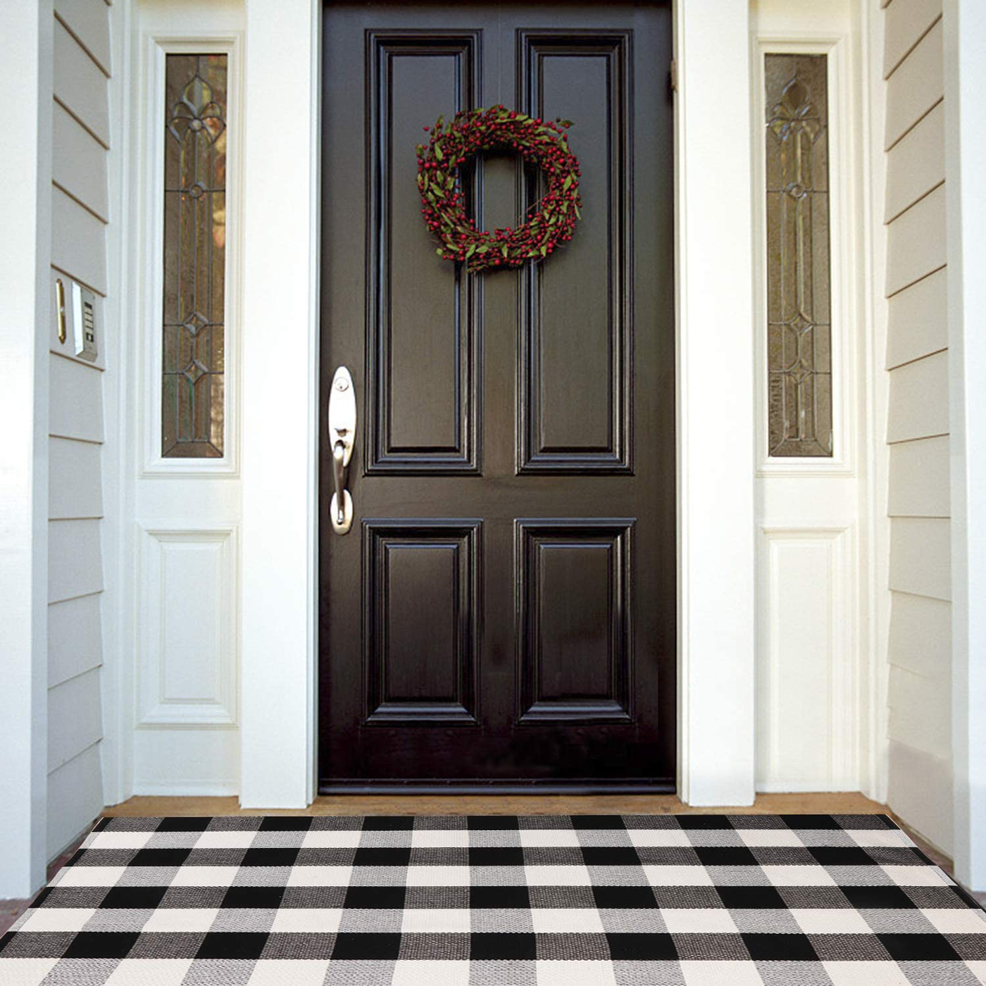 Buffalo Plaid Outdoor Rug Runner Doormat 24'' x 51'', KIMODE Black/White Cotton Woven Checkered Farmhouse Porch Outdoor Rugs, Washable Indoor Door Mat for Front Layered Kitchen Bathroom Laundry Room