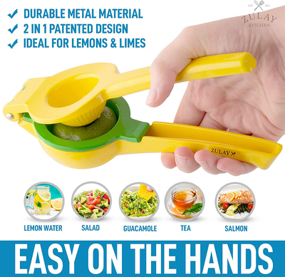 Zulay Metal 2-In-1 Lemon Lime Squeezer - Hand Juicer Lemon Squeezer - Max Extraction Manual Citrus Juicer (Gray and Lime Green)