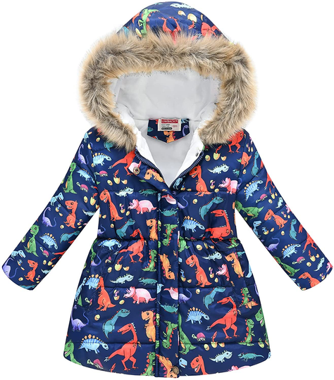 UWBACK Winter Coat for Girls Hooded Floral Print Kids Warm Cotton Parka