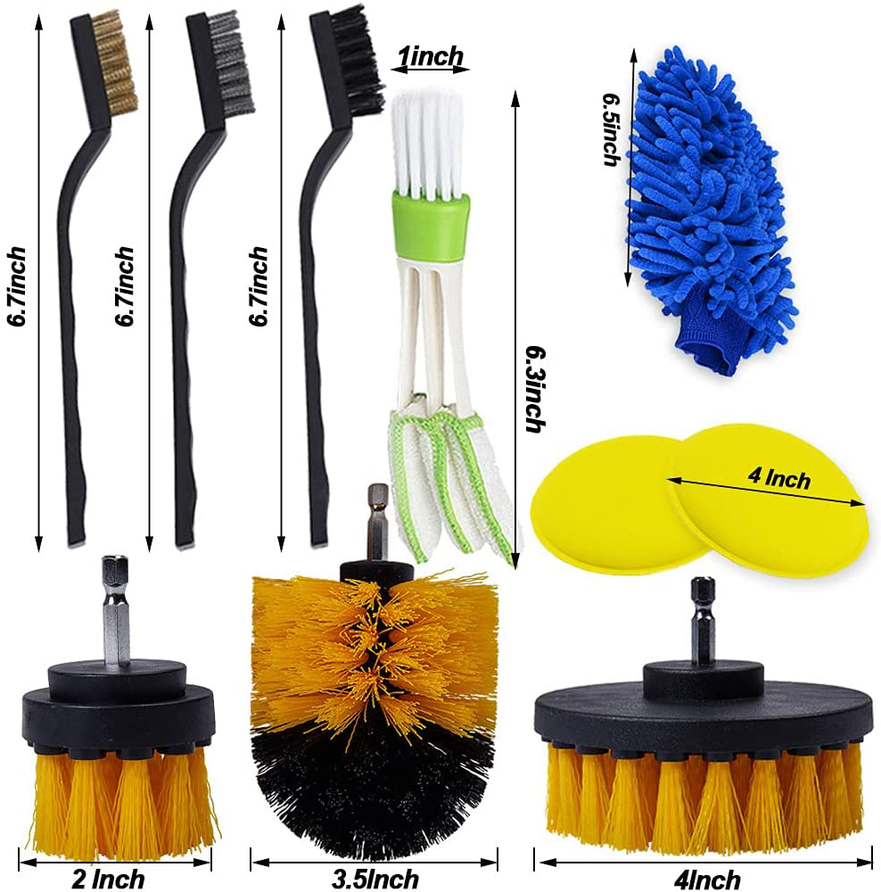 Auto Car Detailing Kit Interior Exterior - 5 Detail Brush, 3 Wire Brush, 3 Drill Brush, 2 Car Wash Sponge,1 Cone Sponge,1 Microfiber Mitt, 1 Automotive Air Vent Brush and Cloth