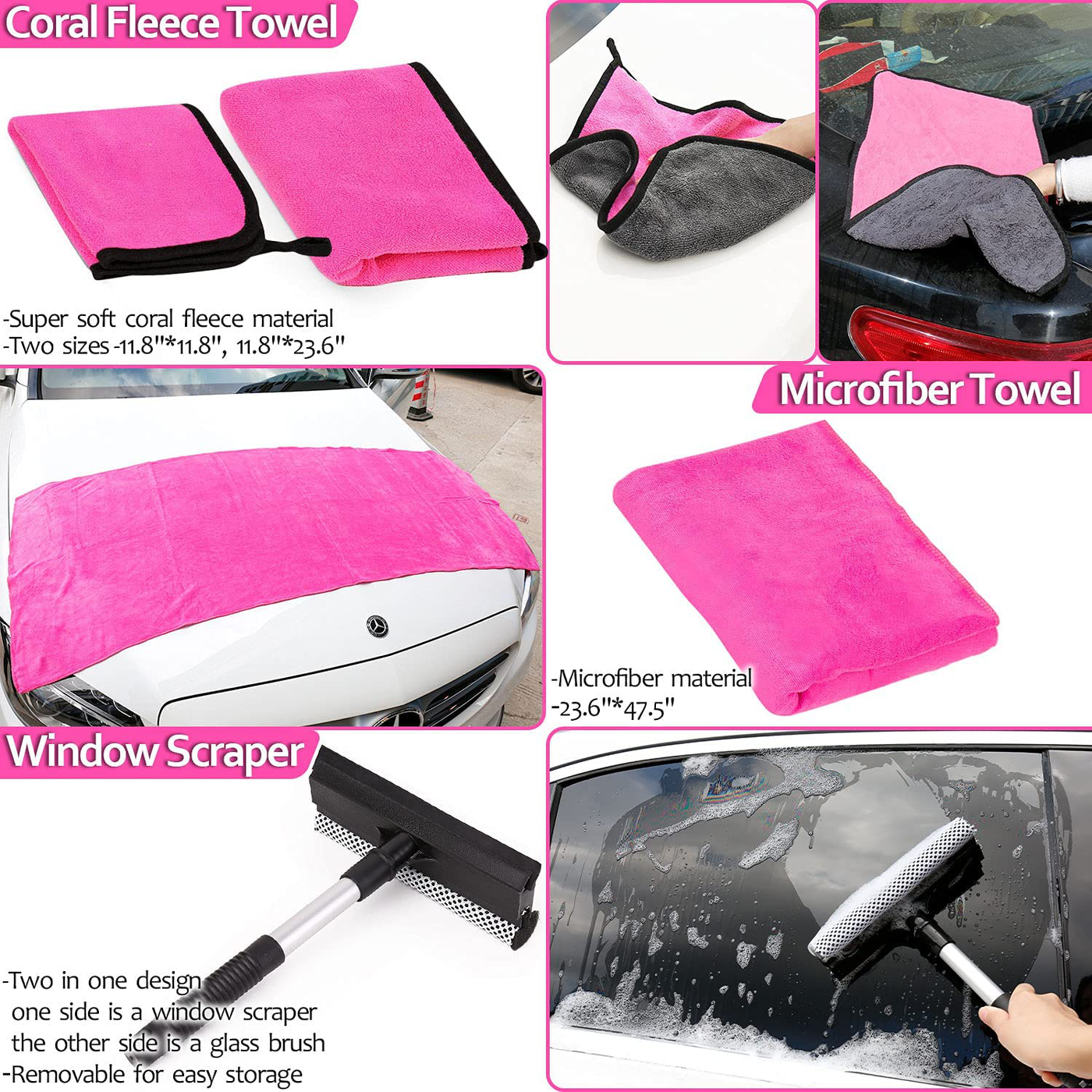 THINKWORK Car Wash Kit with Bucket, Pink Car Cleaning Supplies and Detailing kit - Cleaning Gel, Microfiber Towel, Mitt, Duster, Brush, Grit Trap, Squeegee, Waxing Tablets, Gifts for Women(23pcs)