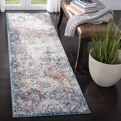 Safavieh Madison Collection MAD611N Boho Chic Floral Medallion Trellis Distressed Non-Shedding Stain Resistant Living Room Bedroom Runner, 2'3" x 8' , Navy / Teal