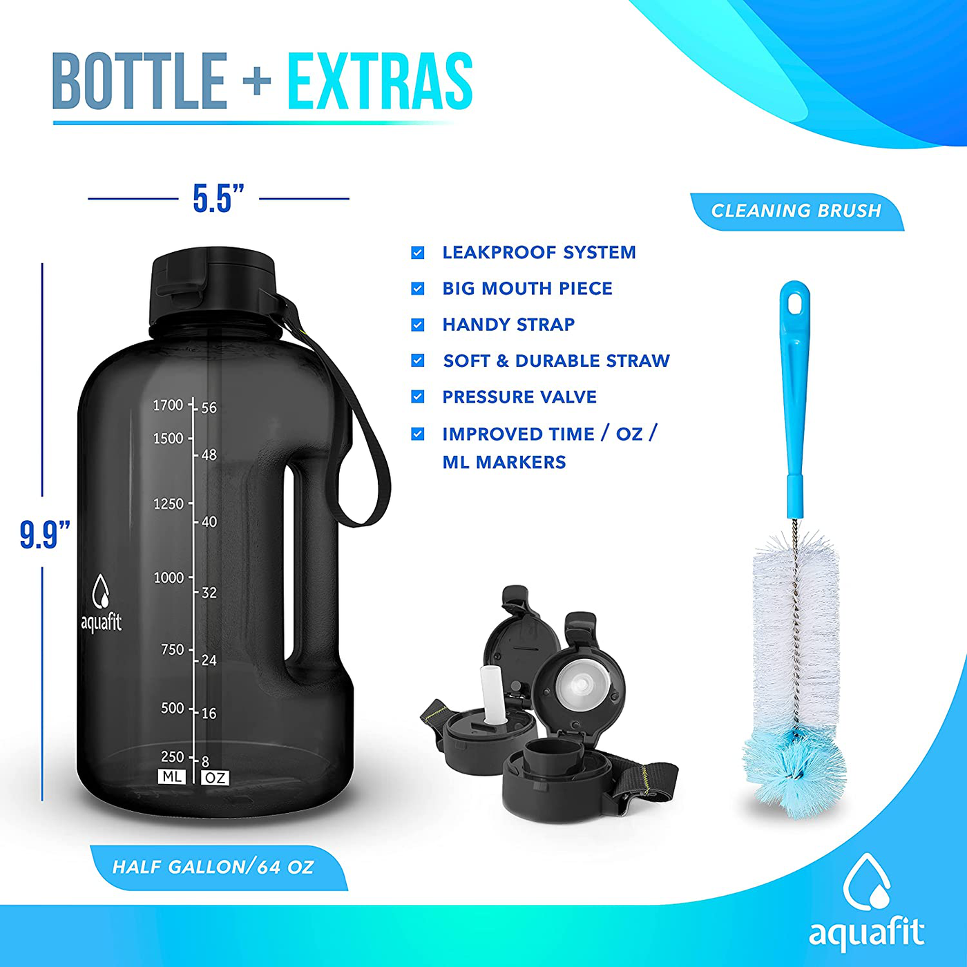 AQUAFIT Half Gallon Water Bottle with Straw Half Gallon Water Jug Motivational Water Bottle 64 Ounce Water Bottle with Time Marker Large Water Bottle Big Water Bottle 1/2 Gallon Water Jug Big Water Jug Gray