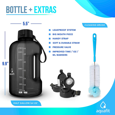 AQUAFIT Half Gallon Water Bottle with Straw Half Gallon Water Jug Motivational Water Bottle 64 Ounce Water Bottle with Time Marker Large Water Bottle Big Water Bottle 1/2 Gallon Water Jug Big Water Jug Gray