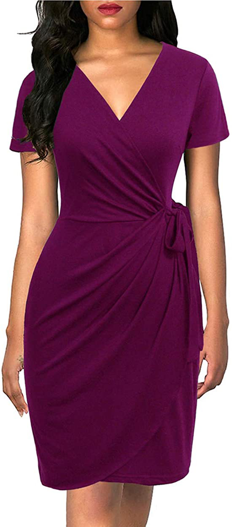 Lyrur Women's Classic V-Neck Casual Party Knee Length Sheath Work Short Sleeve Faux Black Wrap Dress