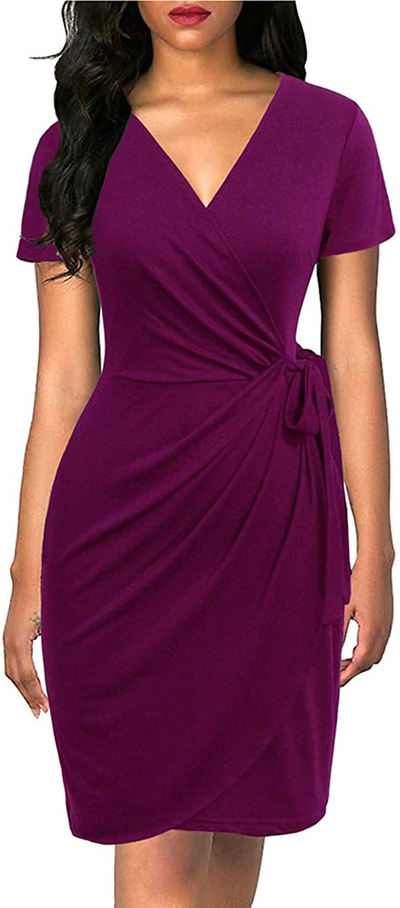Lyrur Women's Classic V-Neck Casual Party Knee Length Sheath Work Short Sleeve Faux Black Wrap Dress