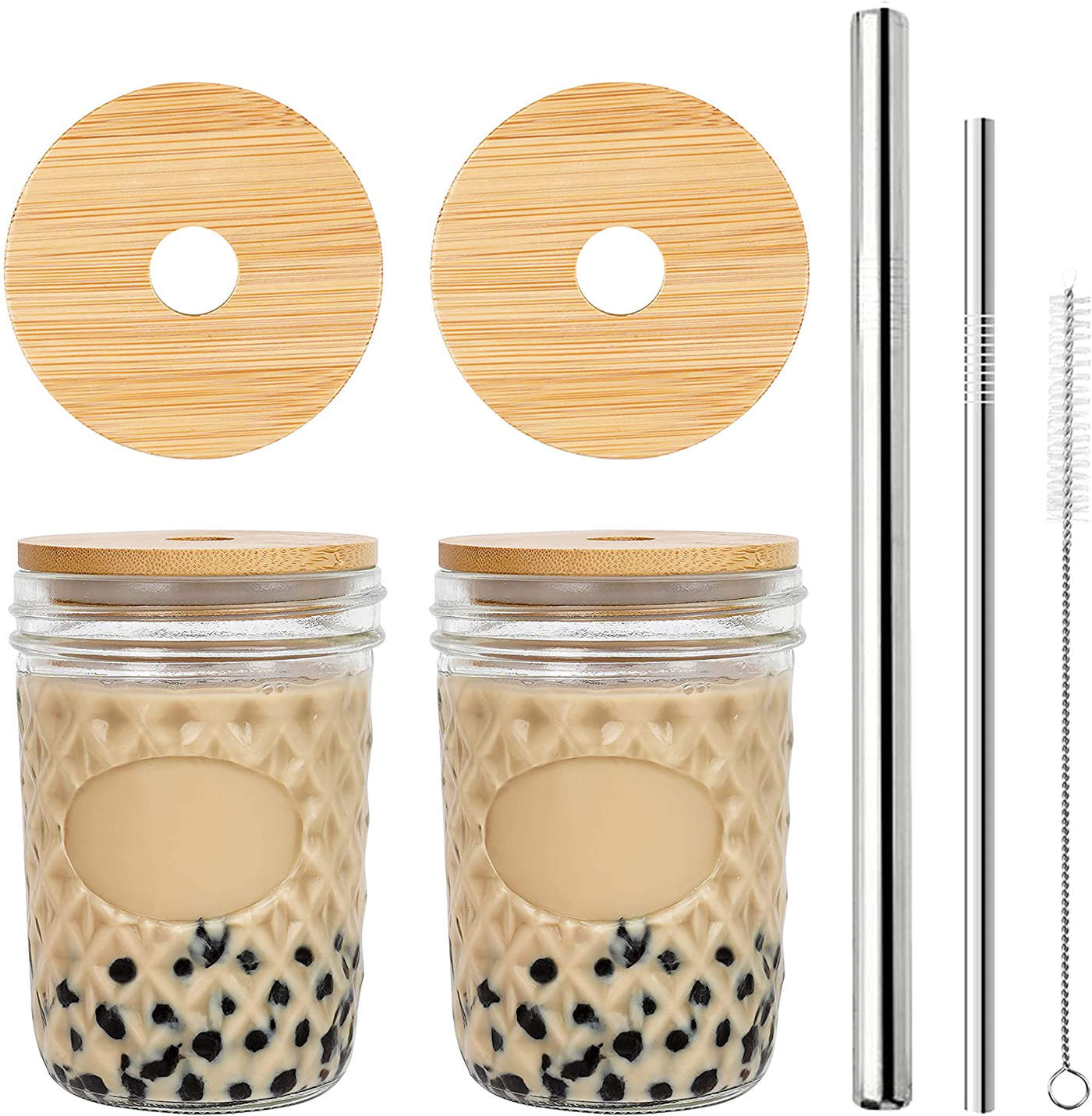 Mason Jar with Lid and Straw, 16oz Mason Jar Boba Cups and Lids and Straw, Reusable Coffee Cup Smoothie Cup Drinking Glasses Set of 2 Bubble Tea Cups Smoothie Cup for Large Pearl