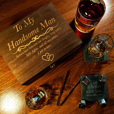 Anniversary Gi fts for Him Christmas | Boyfriend | Fiance | Men | Husband - Whiskey Glass Set Engraved 'To My Handsome Man” Gi fts for Birthday | Christmas | Wedding Anniversary