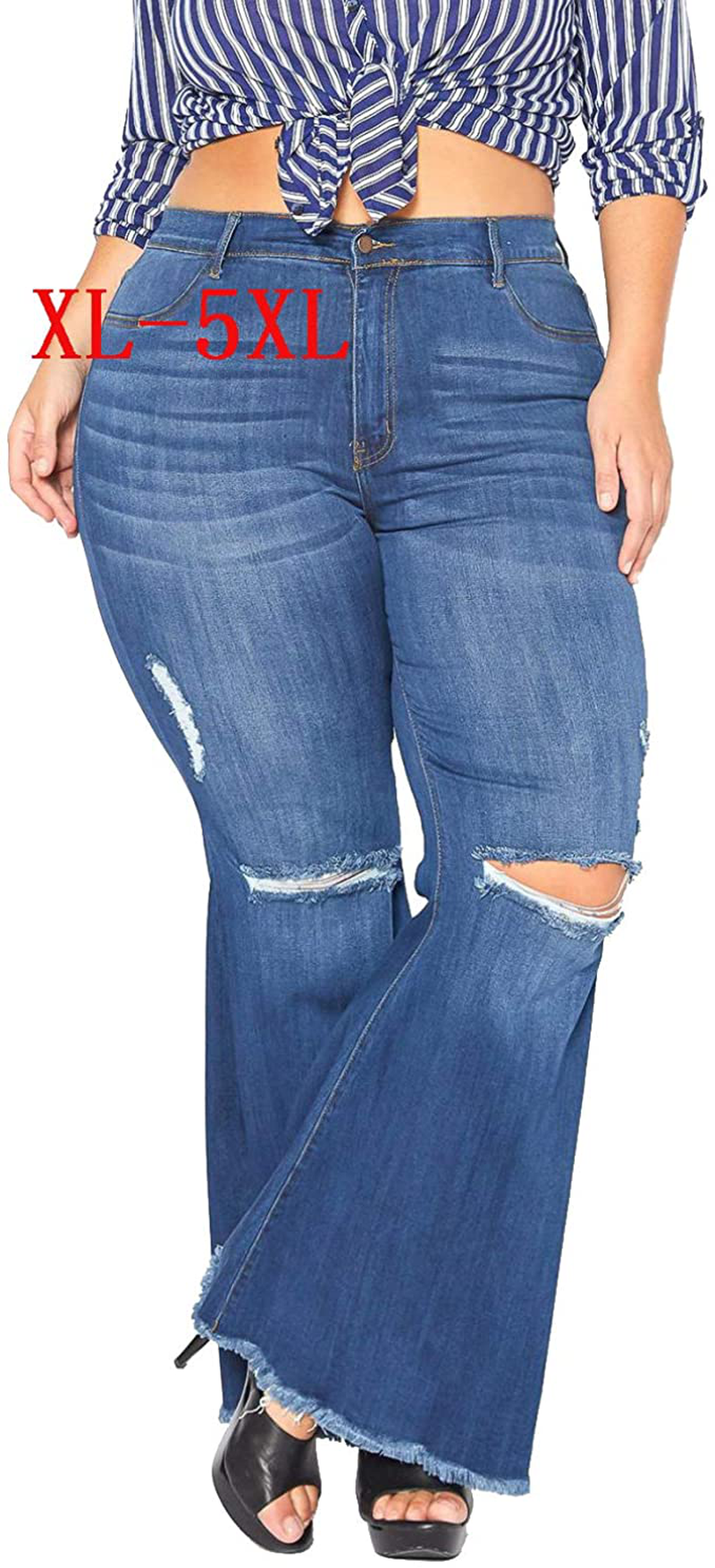 Women's Plus Size Bell Bottom Jeans Elastic Ripped Hole Classic Denim Flare Pants 5XL