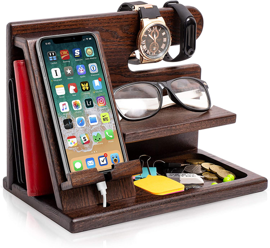 TESLYAR Wood Phone Docking Station Ash Key Holder Wallet Stand Watch Organizer Men Gift Husband Wife Anniversary Dad Birthday Nightstand Purse Father Graduation Male Travel Idea Gadgets (Brown)
