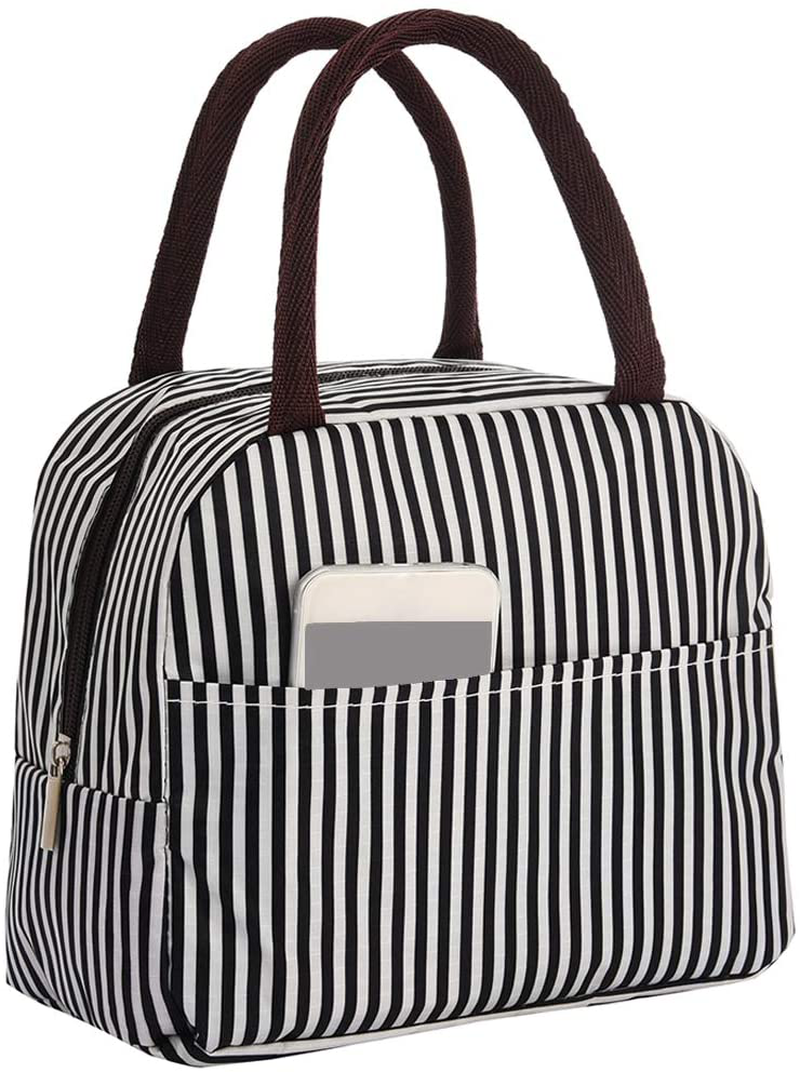 Small Lunch Bags for Women Kids, Girls Boys Reusable Lunch Organizer Box Insulated Lunch Tote Bag for Work School Outdoors Picnic(Black Stripe Brown Handle)