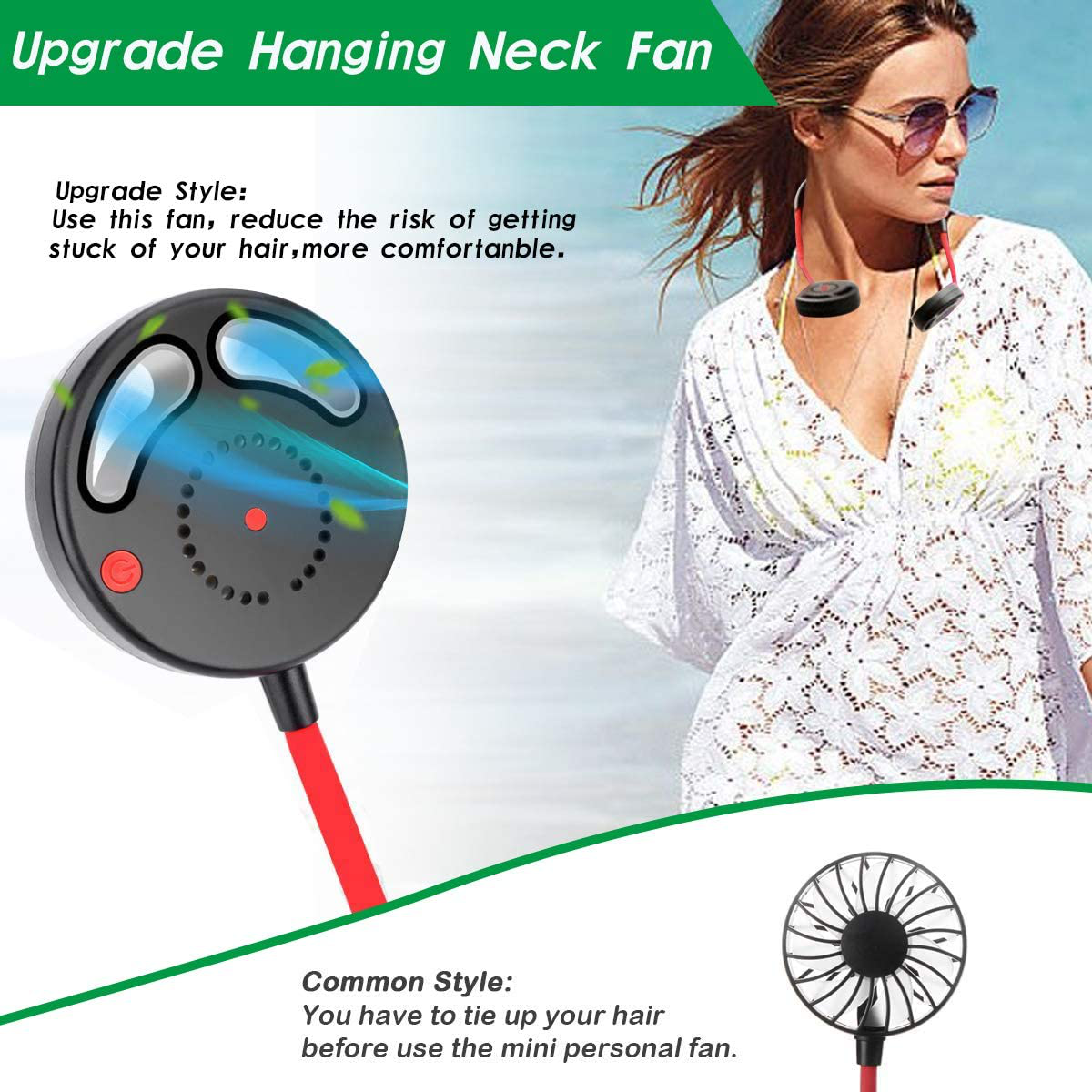 Hands Free Portable Neck Fan, Mini USB Bladeless Personal Fan with Neck Hanging Design USB Battery Rechargeable with 3 Speeds Adjustable Air Flow, 2 Wind Head for Travel Outdoor Office Home Sports